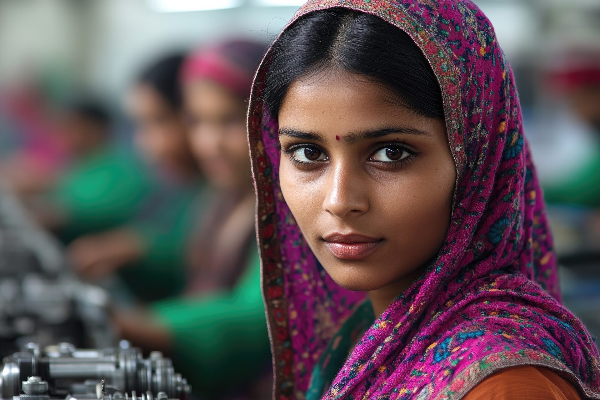 A young woman in a magenta headscarf looks into the camera, with women working at machines behind her